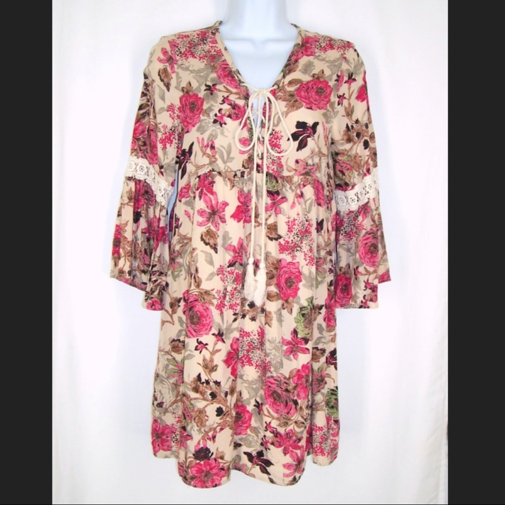 Entro Peasant Boho Dress S Pink Floral Babydoll
